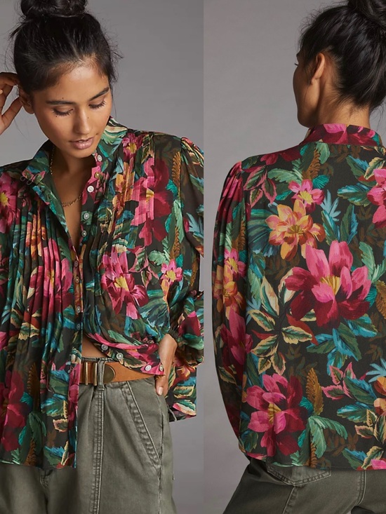 FARM Rio Tops - Farm Rio Pintucked Floral Button Down Blouse Large